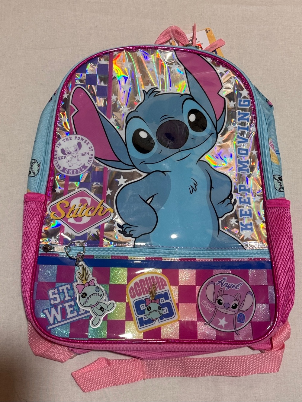 NWT Disney Stitch and Angel Iridescent Backpack with Scrump Charm